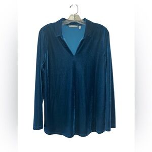 Soft Surroundings Blue Velvet Popover Collared V Neck Long Sleeve Top Size M